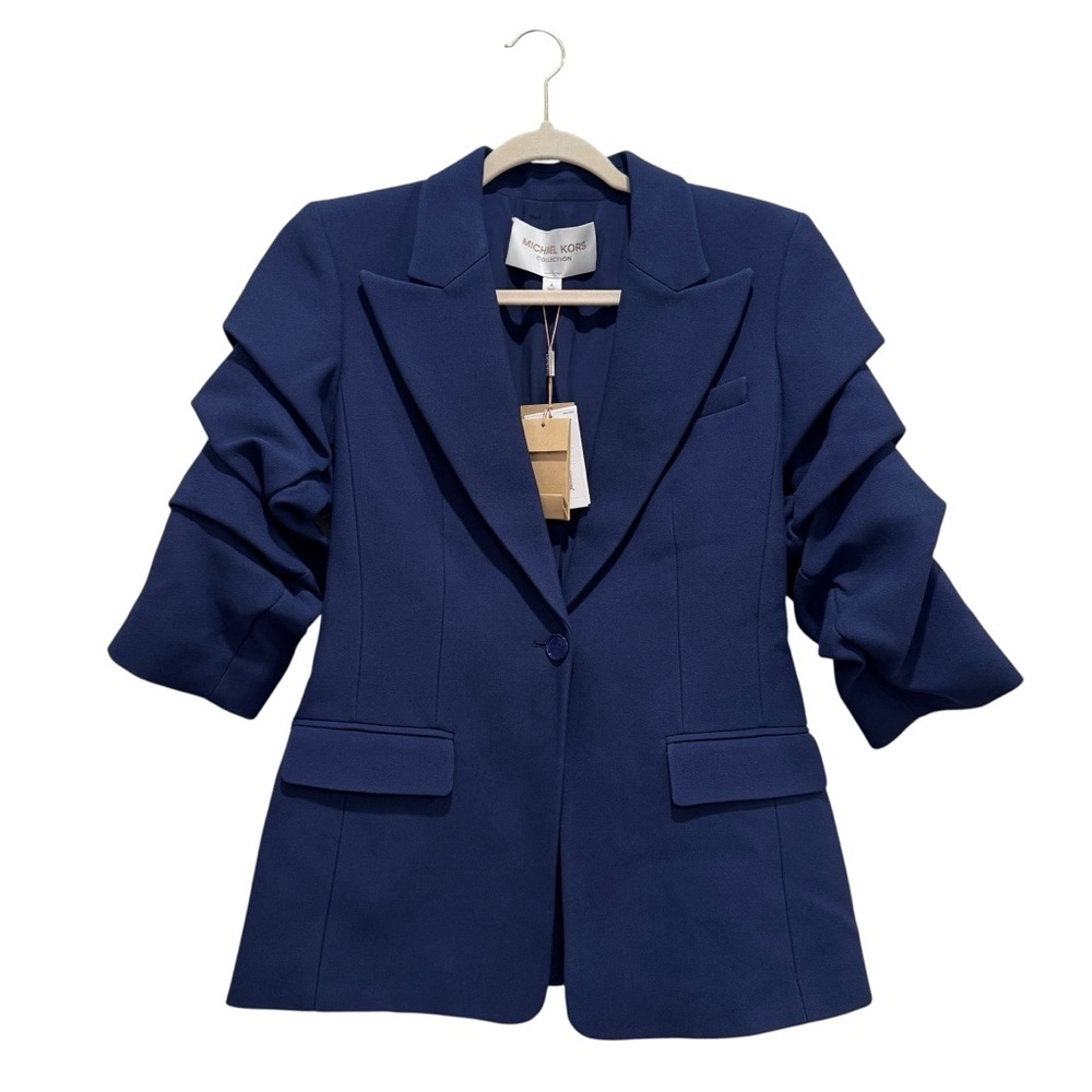 NWT Michael Kors Collection Cate Crush-Sleeve Blazer Preppy Designer Navy Sz 4 - Picture 3 of 16